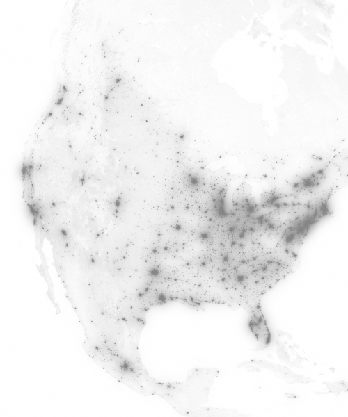 Map with North America depicted in white, with the most populated cities represented as small black dots, with darker shades indicating higher population density